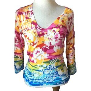Boston Proper Colorful Floral Knit Beaded Jewel Neck Sweater Top L
